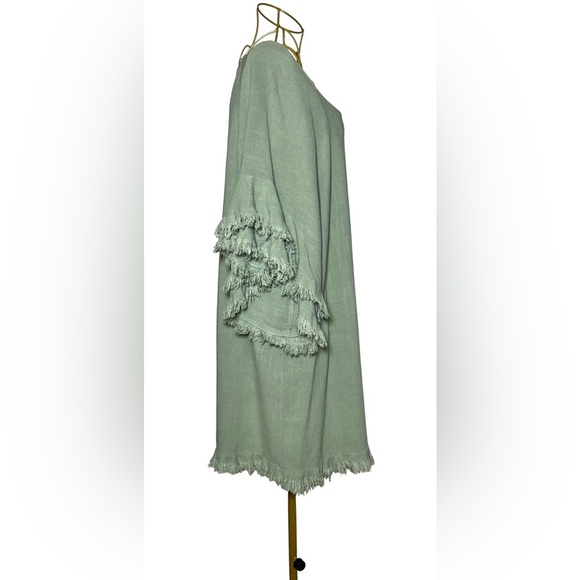 Umgee Boho Linen Blend Long Green Tunic Top w/ Fringed & Tiered Elbow Sleeves XL - Picture 5 of 12